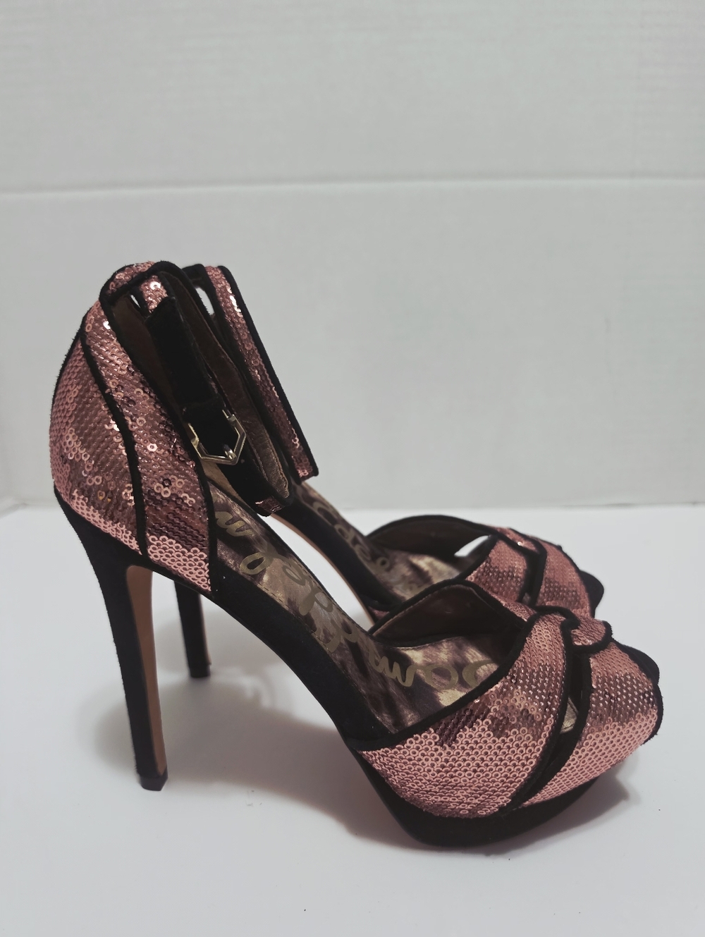 Sam Edelman PAISLEY Sequin Ankle Strap Stiletto Platform - Rose Gold Pink 7.5